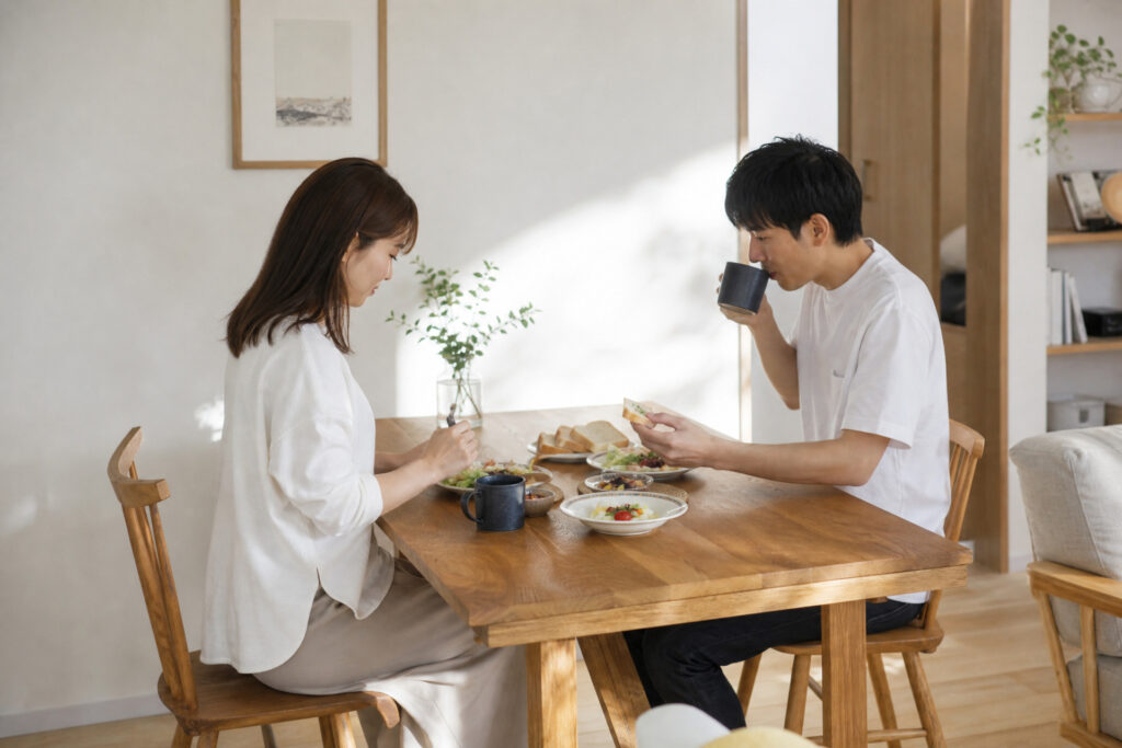 自然光が差し込む明るいダイニングで、無垢材のテーブルを囲んで食事をとる夫婦。ナチュラルテイストの温かみのある室内です。