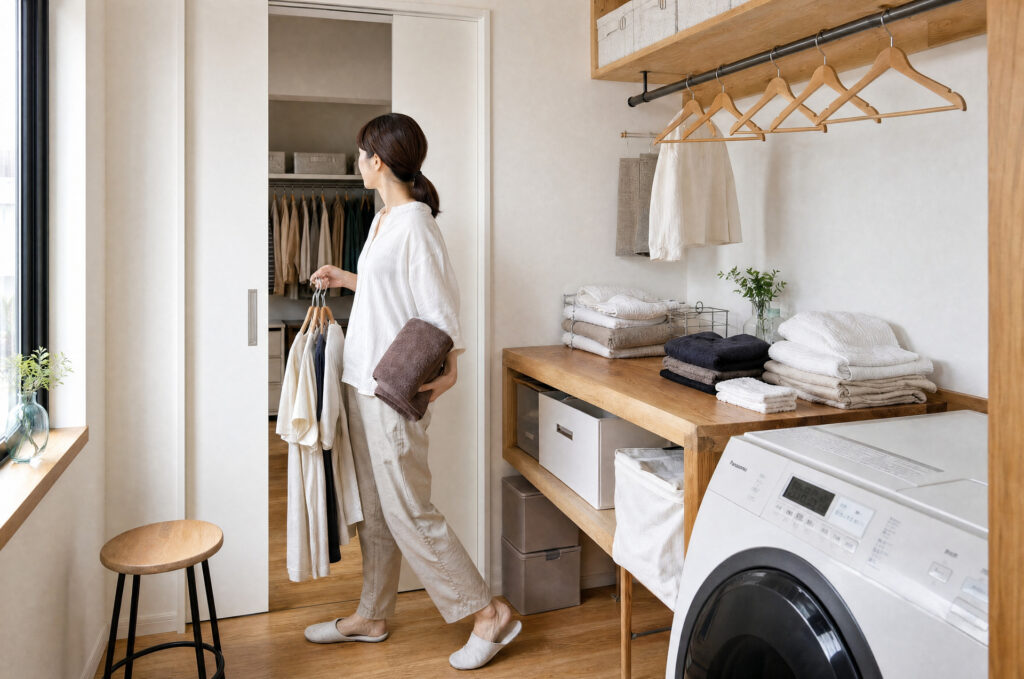 洗濯から室内干し、収納までスムーズに行える家事動線に優れたランドリールーム。木製の造作カウンターやアイアンバーを備えたナチュラルな空間です。