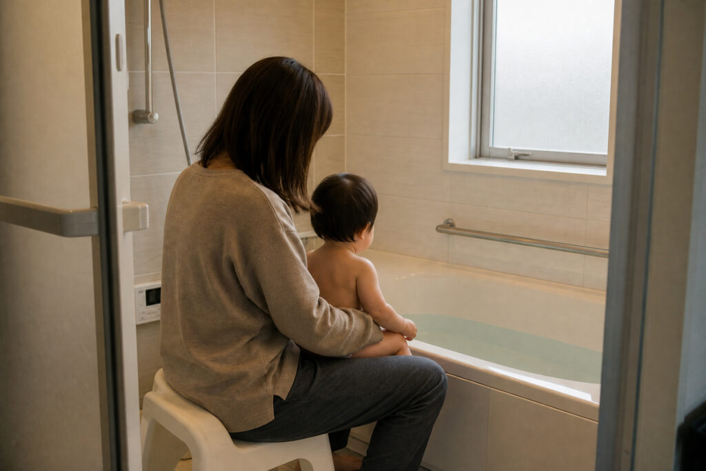お湯を張ったバスタブの前で、赤ちゃんを抱っこして風呂椅子に座る母親。落ち着いたベージュ系の壁パネルと換気窓を備えた、明るいバスルーム。