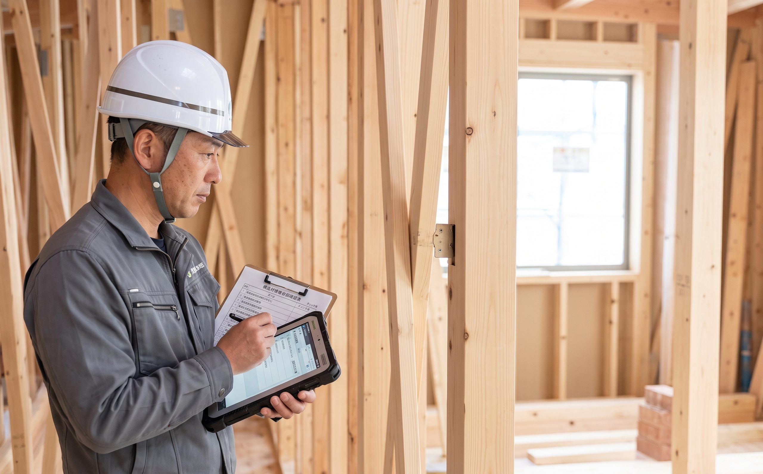 建築中の木造住宅の内部で、タブレットとチェックシートを手に持ち、柱や筋交いなどの構造体が図面通りに正しく施工されているか検査する様子。