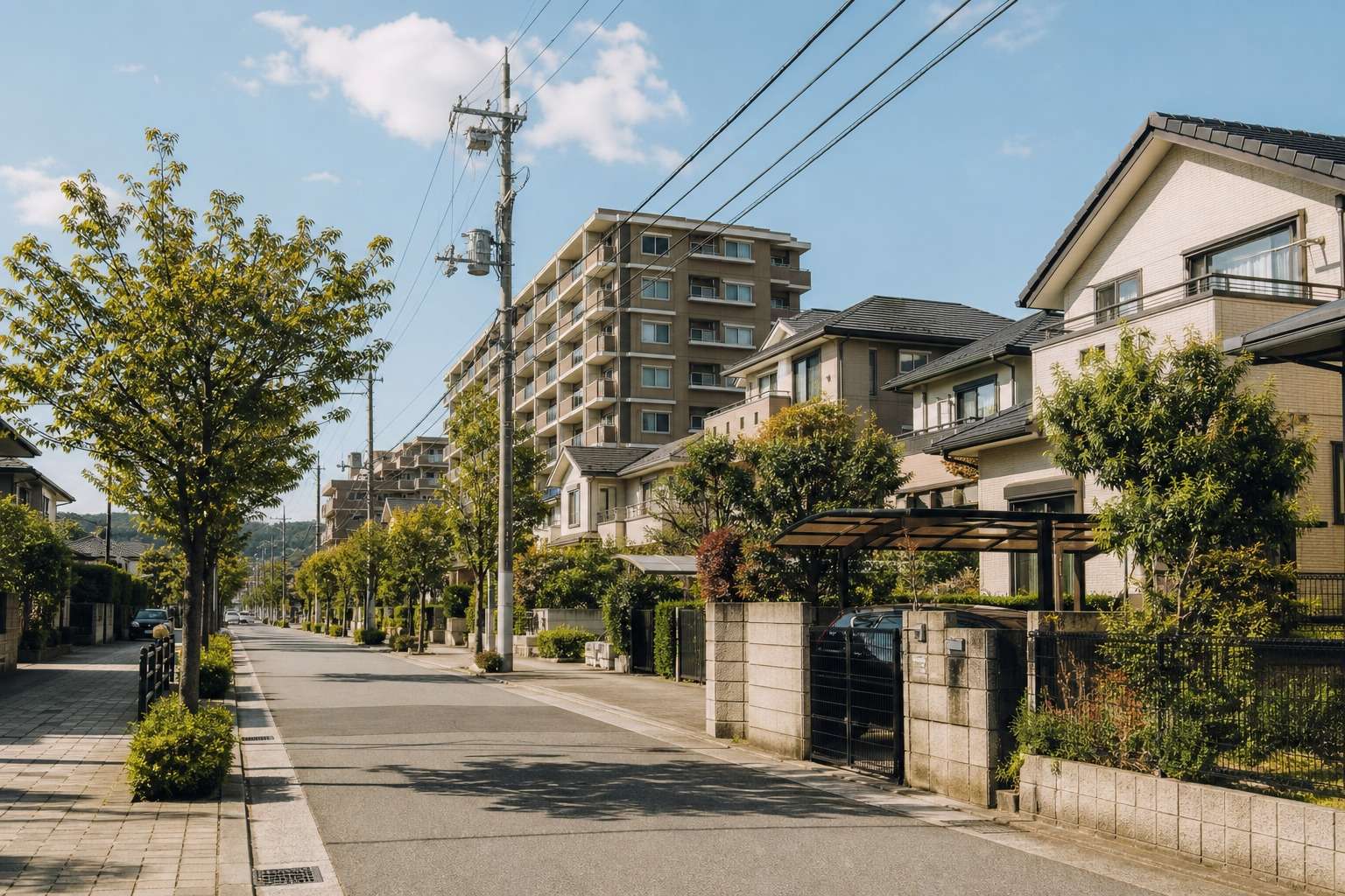 青空の下に立ち並ぶ戸建て住宅と街路樹が続く穏やかな住宅街の街並み