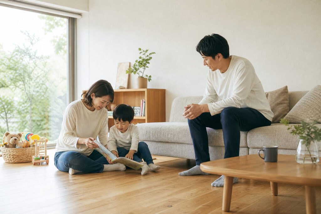 無垢材の床に座って絵本を読む母親と子供、それをソファから見守る父親。大きな窓から自然光と庭の緑が差し込む開放的なリビング空間です。