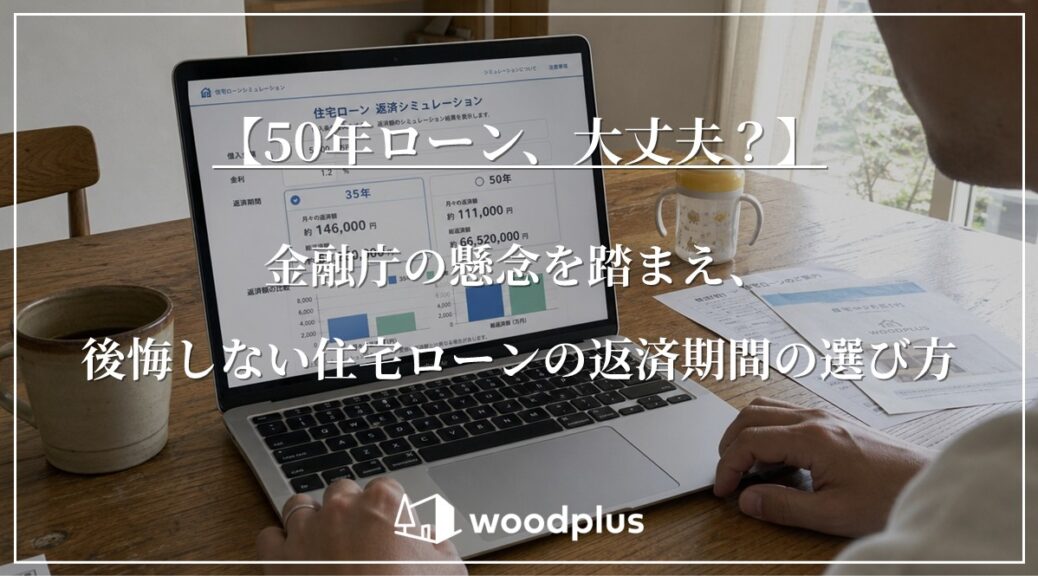 木のテーブルでパソコンを開き、住宅ローンシミュレーション画面を確認する様子。「50年ローン、大丈夫？金融庁の懸念を踏まえ、後悔しない住宅ローンの返済期間の選び方」と記載されています。