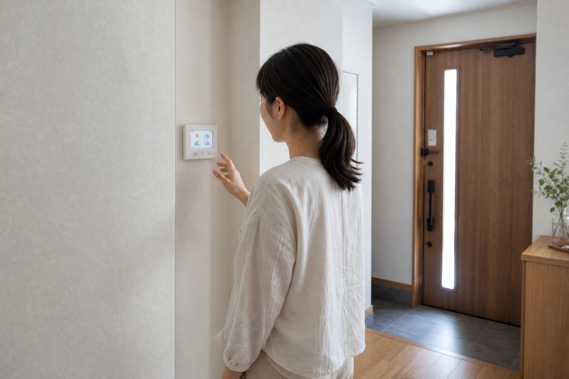 : 木目調の玄関ドアが奥に見える廊下で、壁面に設置された住宅のエネルギーモニターを操作している女性。