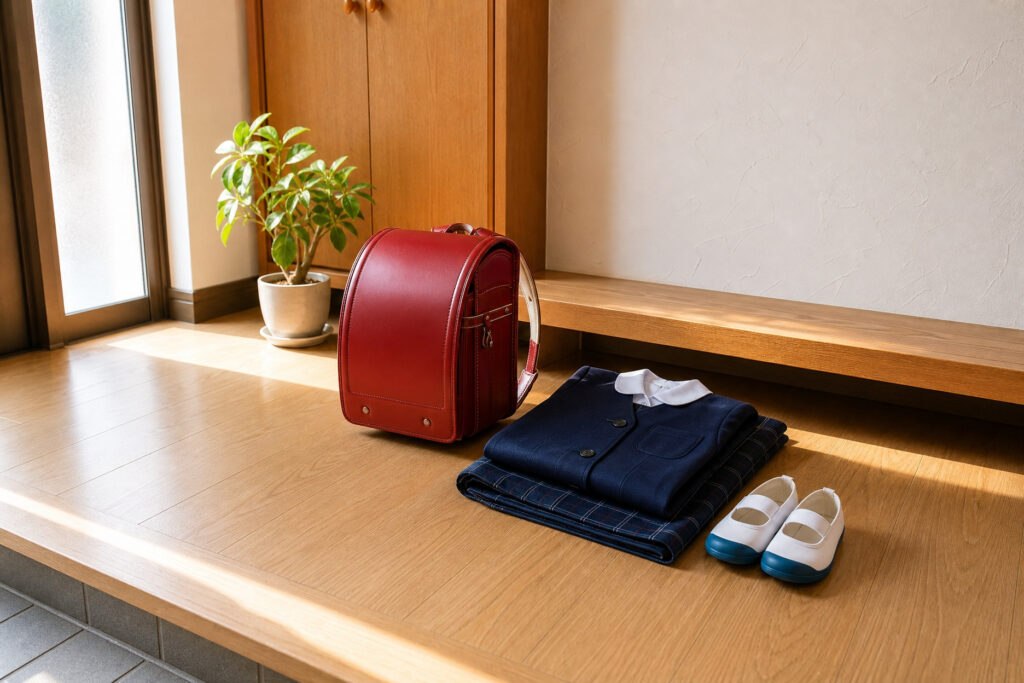 木目の美しい上がり框と床材が広がる明るい玄関。赤いランドセルや制服が整頓されて置かれ、ガラス戸から自然光が差し込んでいます。
