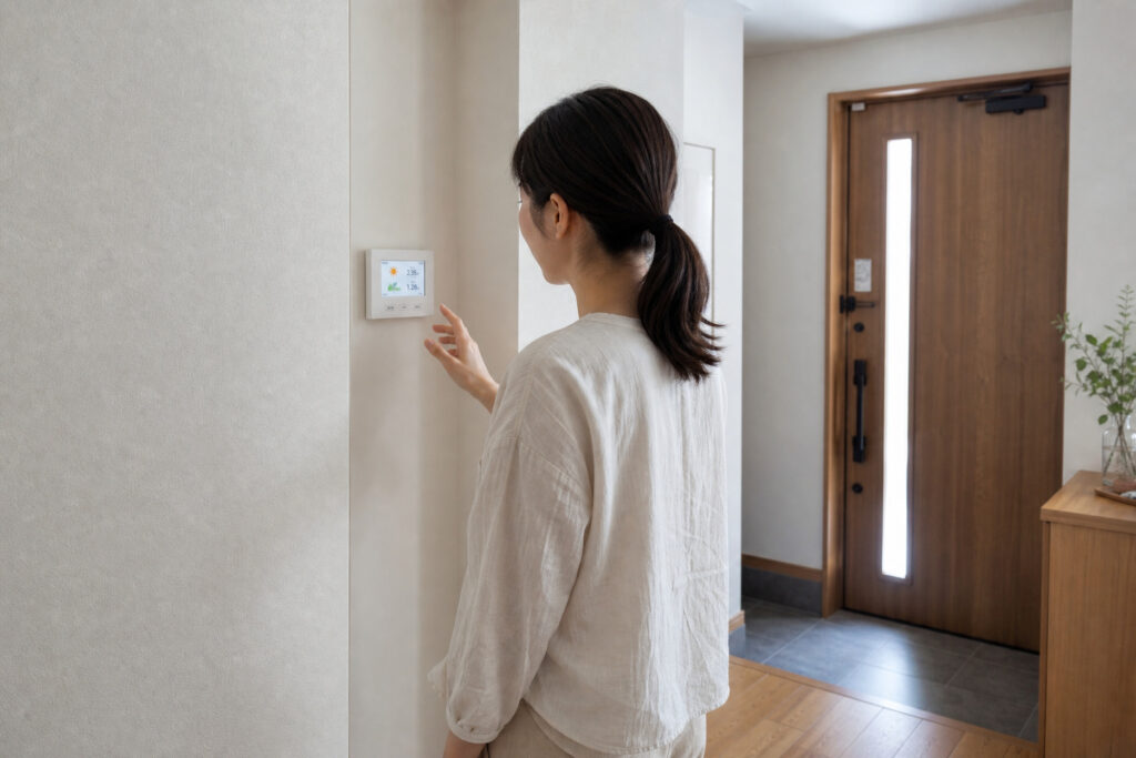 木目調の玄関ドアが奥に見える廊下で、壁面に設置された住宅のエネルギーモニターを操作している女性。