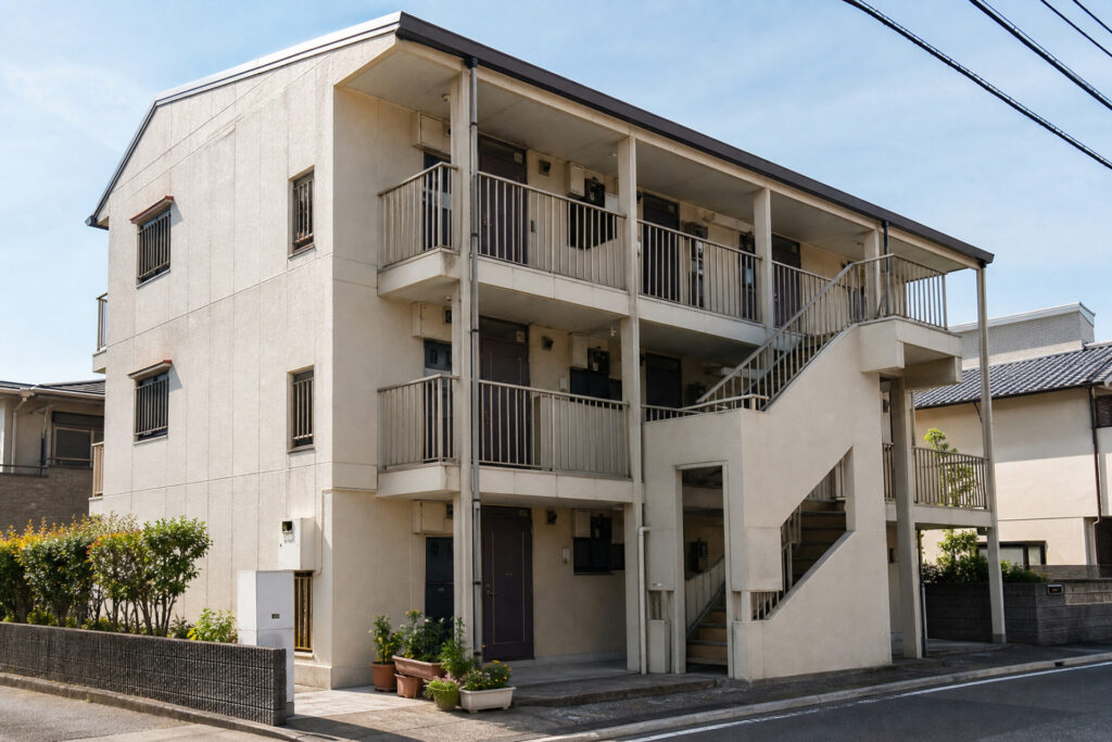 白い外壁と外階段を備えた3階建てのアパートの外観。日当たりの良い落ち着いた住宅街に建つ集合住宅です。