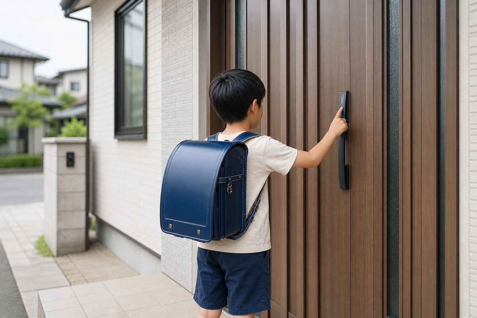 ランドセルを背負った男の子が、木目調の玄関ドアに設置されたスマートロックを指でタッチして開錠している様子。