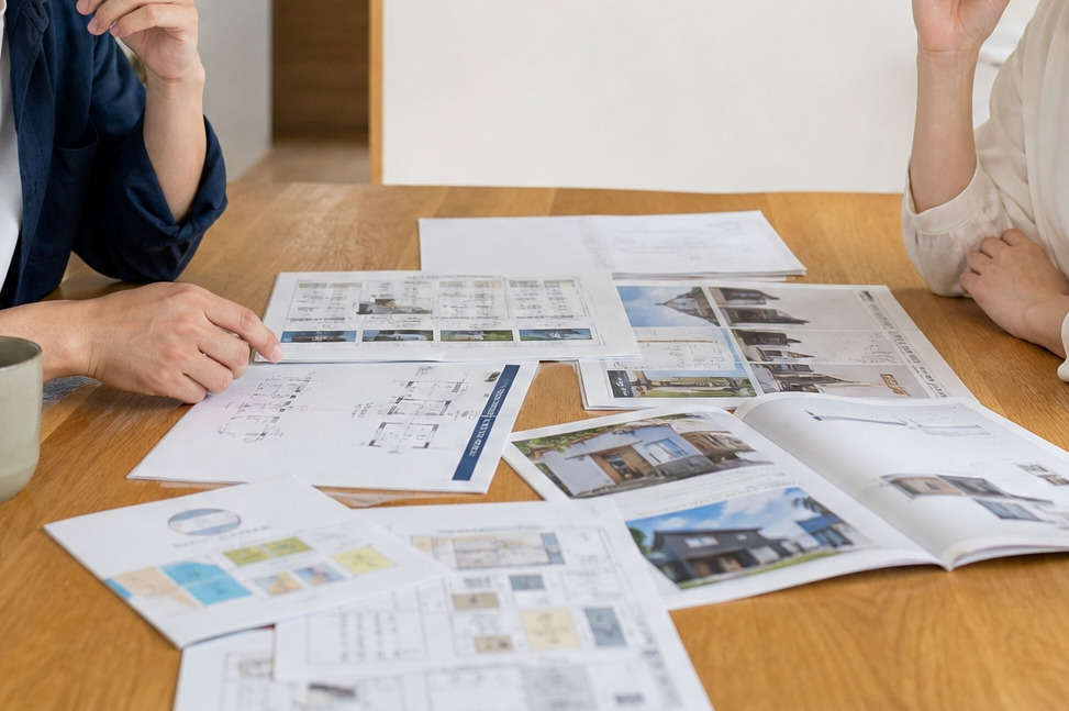 木目のテーブルの上に広げられた、住宅の間取り図や外観パースが描かれた複数のパンフレットと、資料を指差しながら打ち合わせを進める様子。