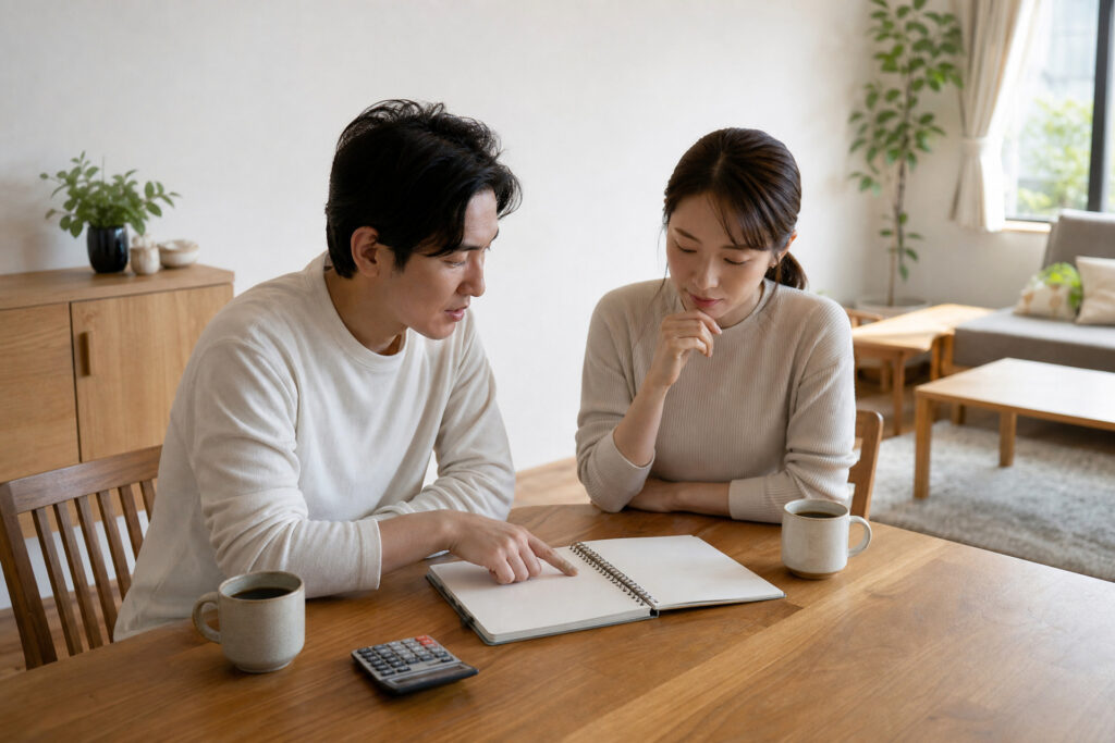 明るいリビングの無垢材ダイニングテーブルで、ノートと電卓を見ながら家づくりや資金計画について話し合う夫婦の様子。