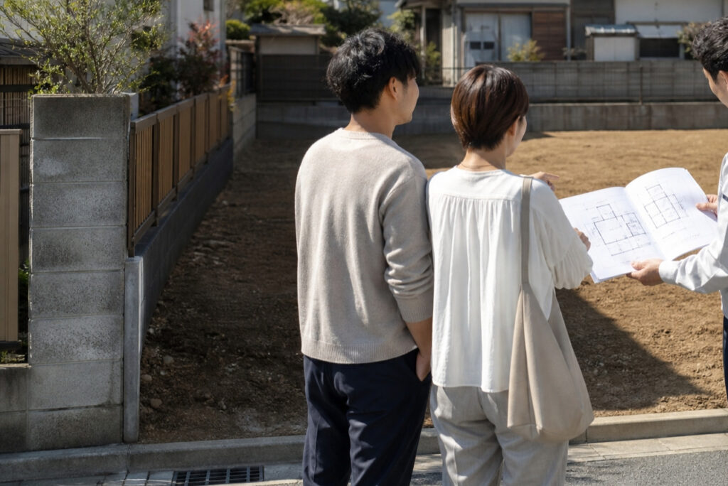 家づくりの第一歩となる建築予定の更地で、担当者と一緒に図面を見ながら建物の配置や計画について打ち合わせをする夫婦。