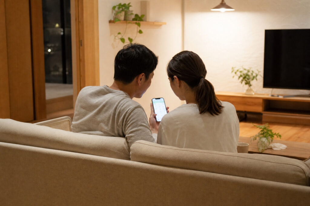 温かみのある照明が照らす夜のリビング。無垢材の床とローテーブルが置かれた空間で、ファブリックソファに並んで座りスマートフォンを見る夫婦。