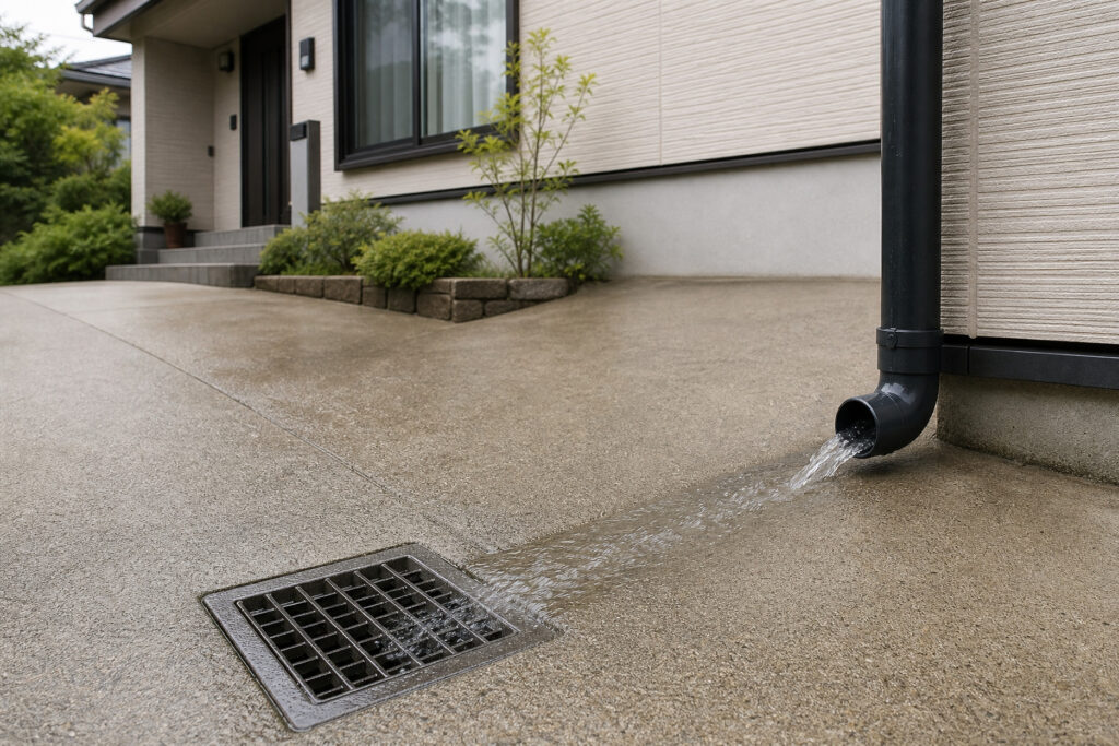 住宅の外壁に沿って設置された黒い雨樋から、コンクリートの犬走りにある排水溝へと雨水が流れ込む様子。