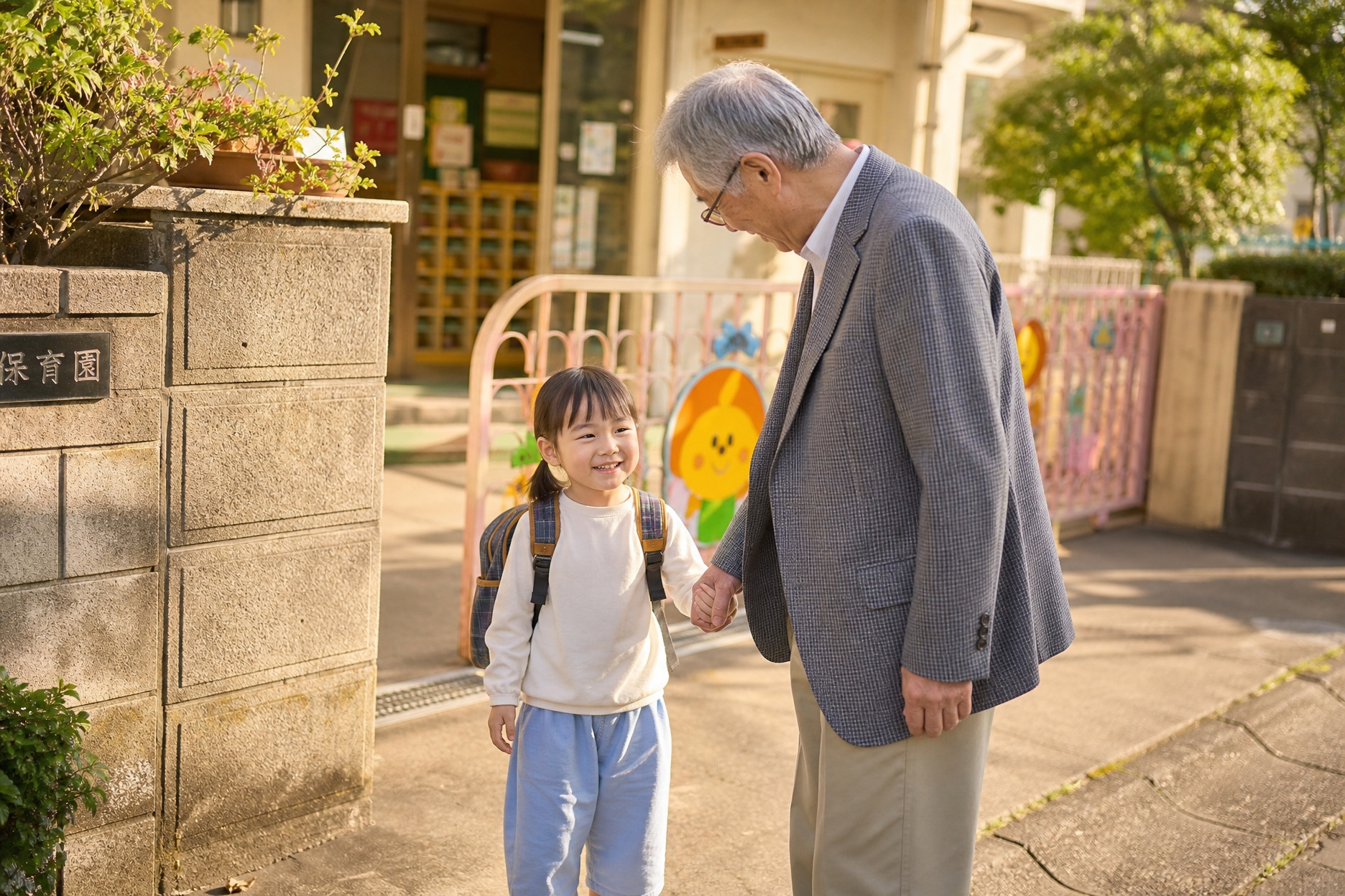 温かい日差しの中、保育園の門の前で笑顔で手をつないで歩く祖父と孫娘。近居や二世帯など、家族のサポートが得られる安心の住環境を連想させる日常風景です。