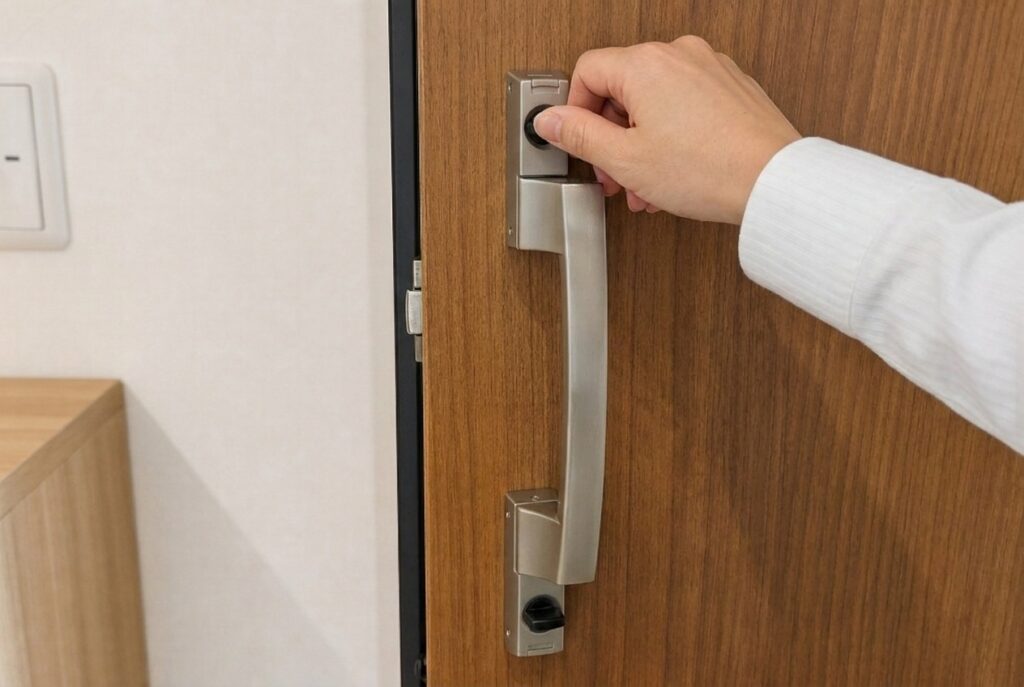 木目調の玄関ドアの室内側にあるシルバーのハンドルを握り、サムターンを回して施錠・解錠する手元。