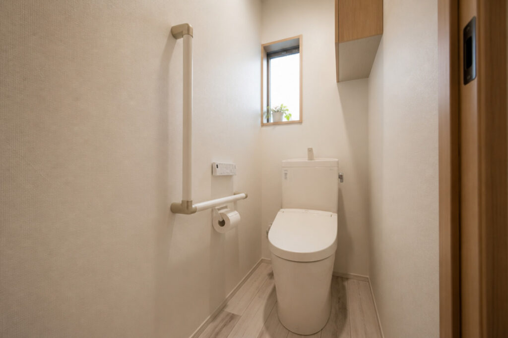 白を基調とした清潔感のあるトイレ空間。L字型の手すりを備え、立ち座りの動作をサポートするバリアフリーに配慮した設計です。