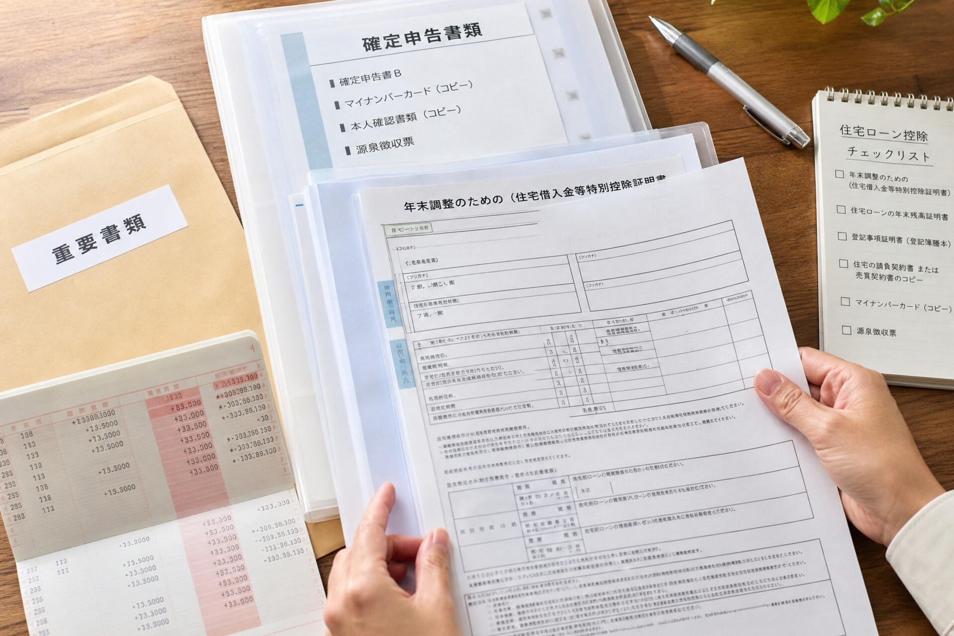 年末調整や住宅ローン控除のための必要書類、および確定申告書が分かりやすく整理されたデスクの様子。