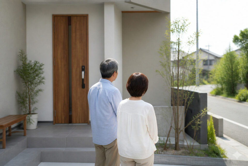 グレー系の落ち着いた外壁と木目調の玄関ドアが特徴的な住宅の外観。階段アプローチと植栽を前に、完成した住まいを見上げる夫婦の後ろ姿です。