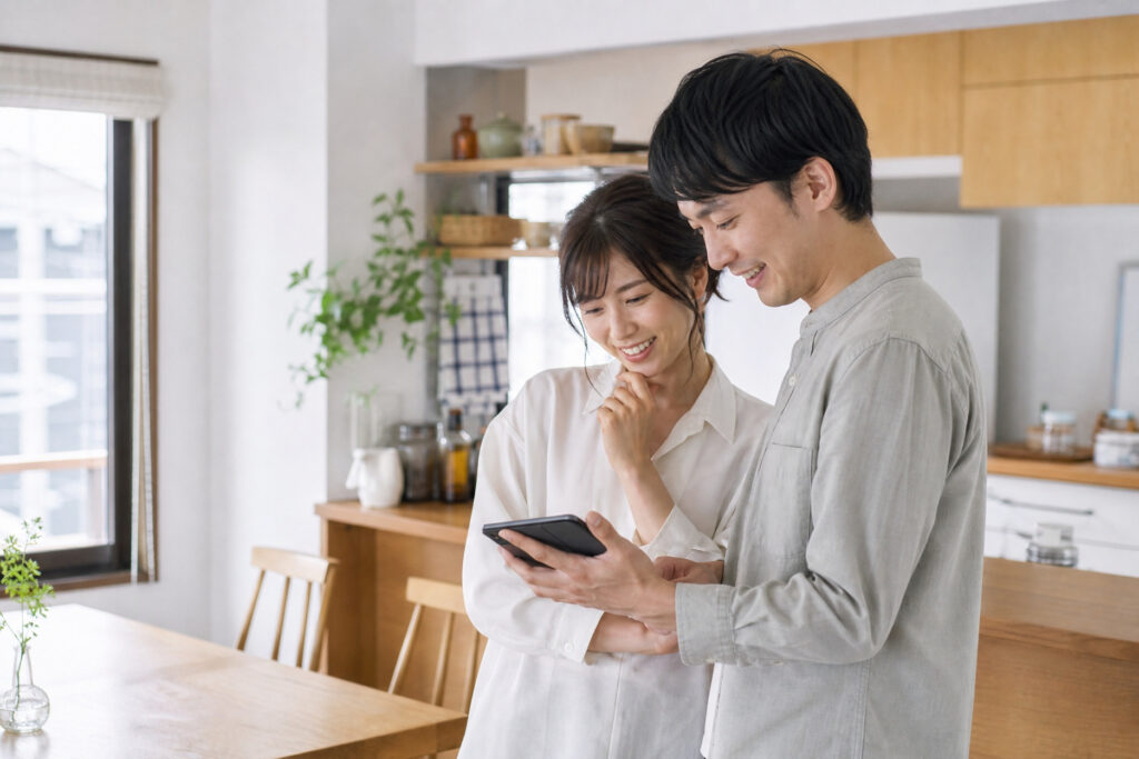 木目のダイニングテーブルが置かれた明るいLDKで、スマートフォンを見ながら笑顔で話す夫婦。奥には対面キッチンと木の造作棚が見えます。