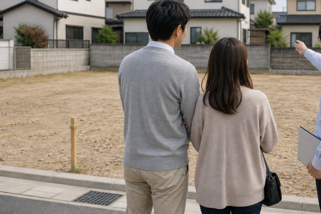 整備された更地の前に立ち、担当者の案内を聞きながら周辺環境や境界を確認している夫婦。