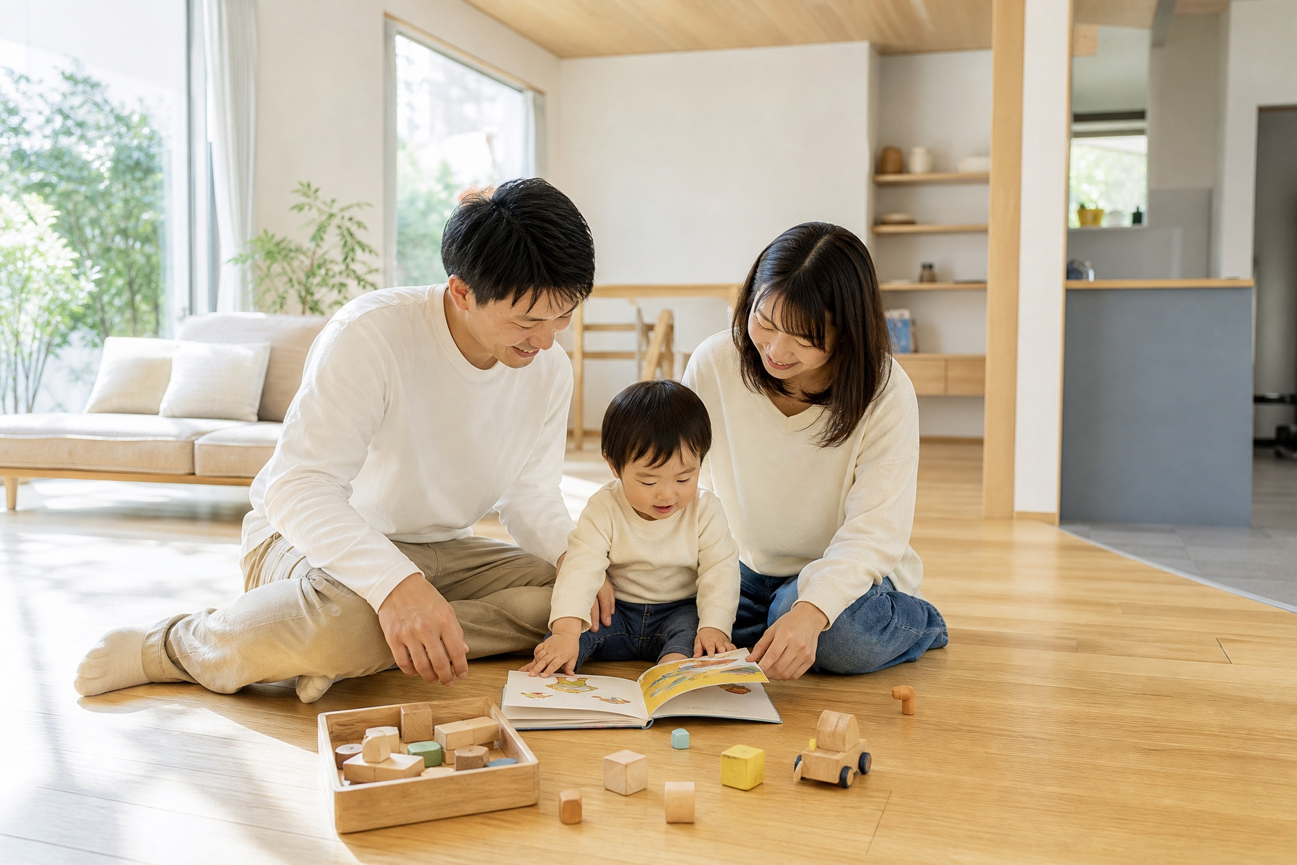 美しい無垢材の床が広がる明るいリビングで、床に座り子どもと一緒に絵本を読む家族の様子。木の温もりに包まれた、のびのびと子育てができる空間です。