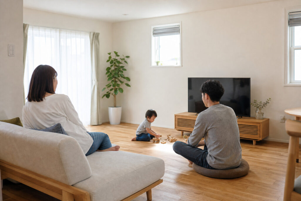 無垢材のフローリングが広がる明るいリビングで、木のおもちゃで遊ぶ子どもとリラックスして見守る夫婦。