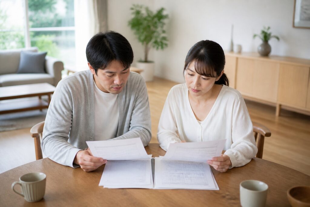 自然光が差し込む明るいリビングで、テーブルに向かい合いながら家づくりの資料や図面を真剣に確認するご夫婦。