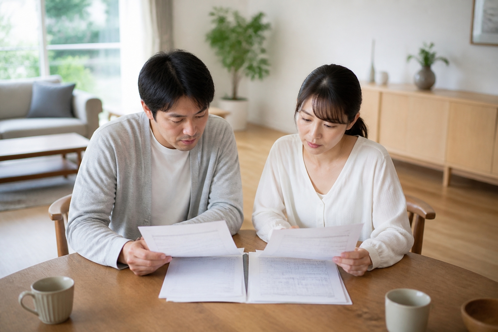 自然光が差し込む明るいリビングで、テーブルに向かい合いながら家づくりの資料や図面を真剣に確認するご夫婦。