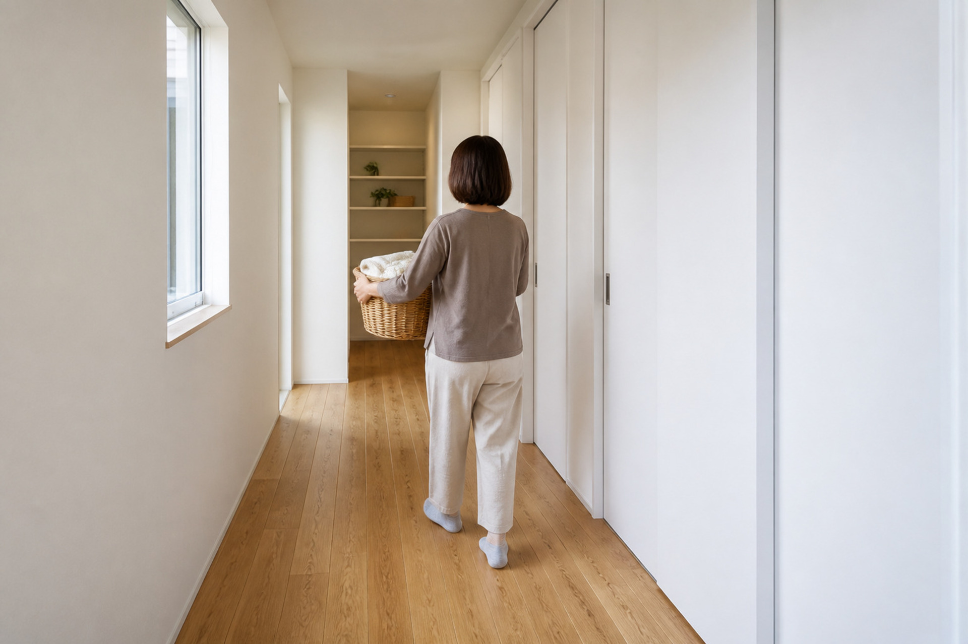 無垢材のフローリングが続く明るい廊下を、洗濯カゴを持った女性が奥の収納スペースへ向かって歩いている様子。