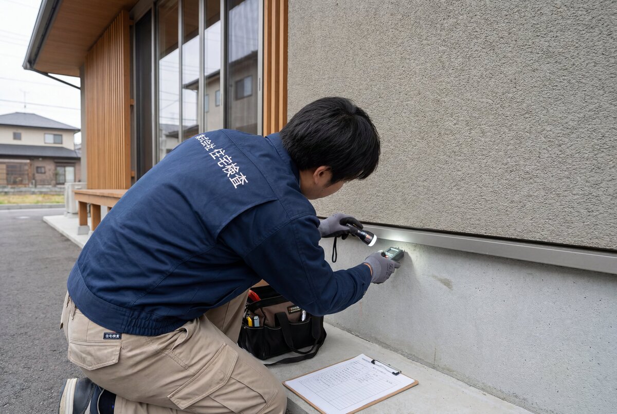 専用のロゴ入りブルゾンを着用した検査員が、懐中電灯と測定器を用いて新築住宅の外壁基礎部分を入念にチェックしている様子。建物の品質と安全性を確保する重要な検査工程です。