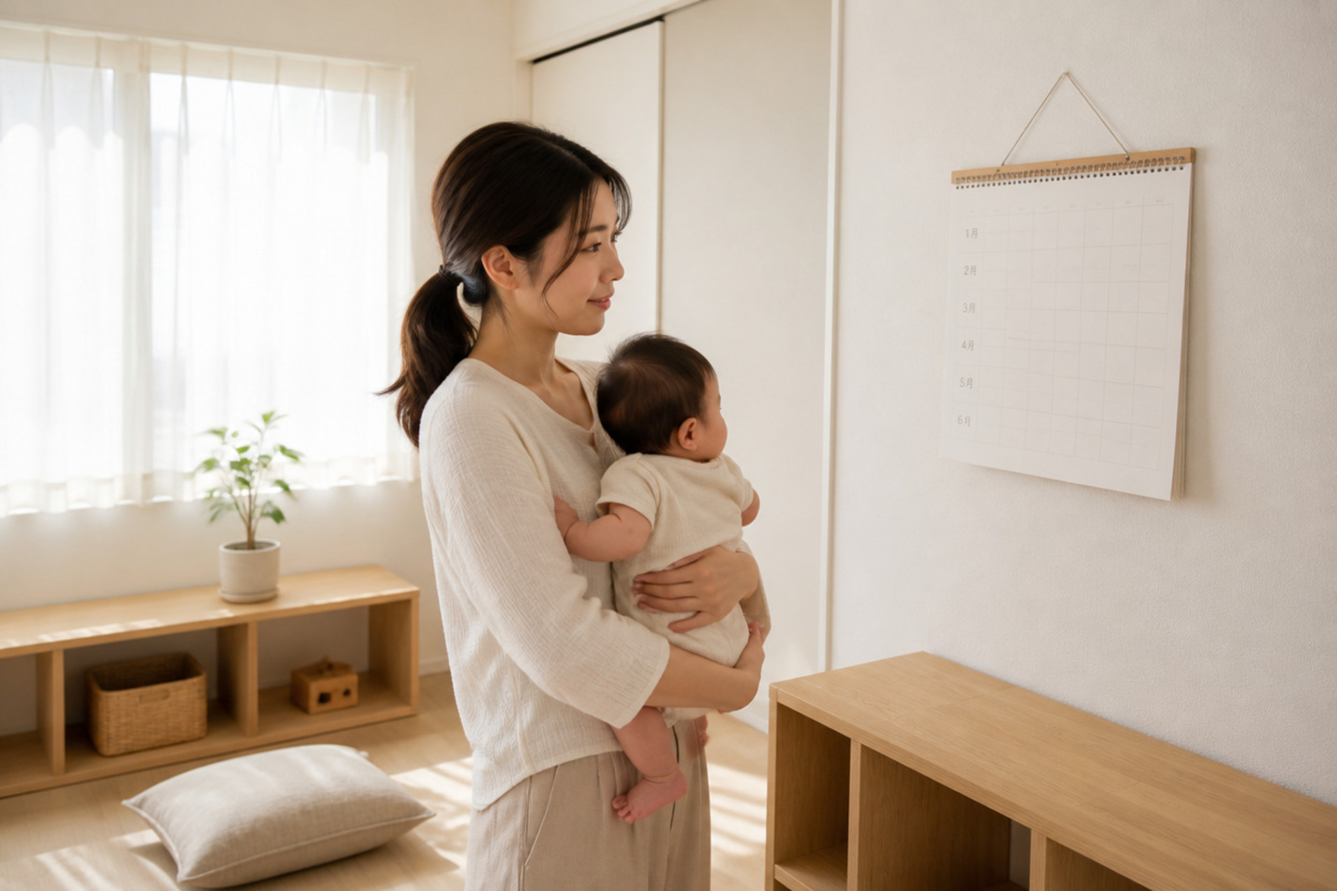 リビングの大きなカレンダーを見つめる赤ちゃんを優しく抱っこする母親の、穏やかな日常のワンシーンです。