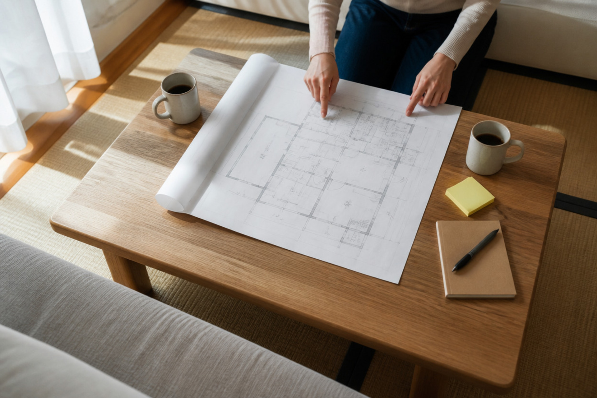 ナチュラルな木製テーブルに広げられた住宅の図面を、夫婦が指差しで確認し合いながら理想の家について相談しています。
