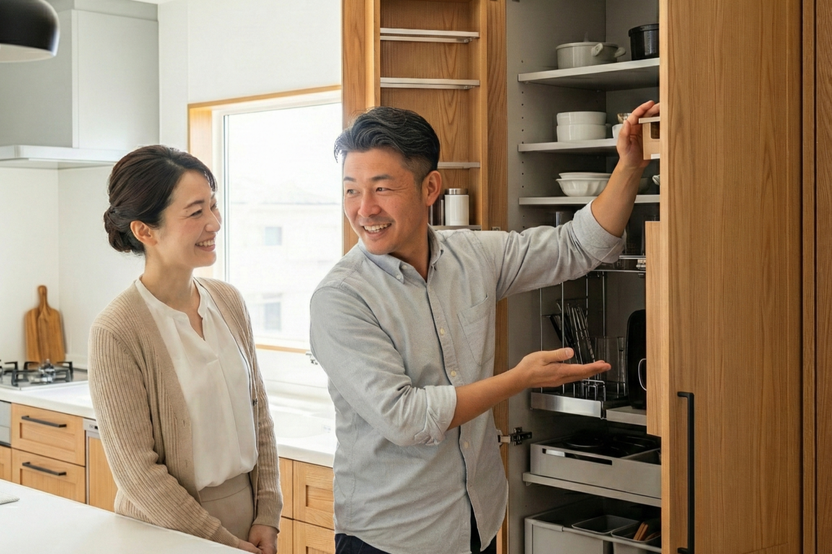 天井まで高さのある大容量の木製カップボードを開け、充実した収納力や使い勝手の良さについて笑顔で確認し合うご夫婦の様子。