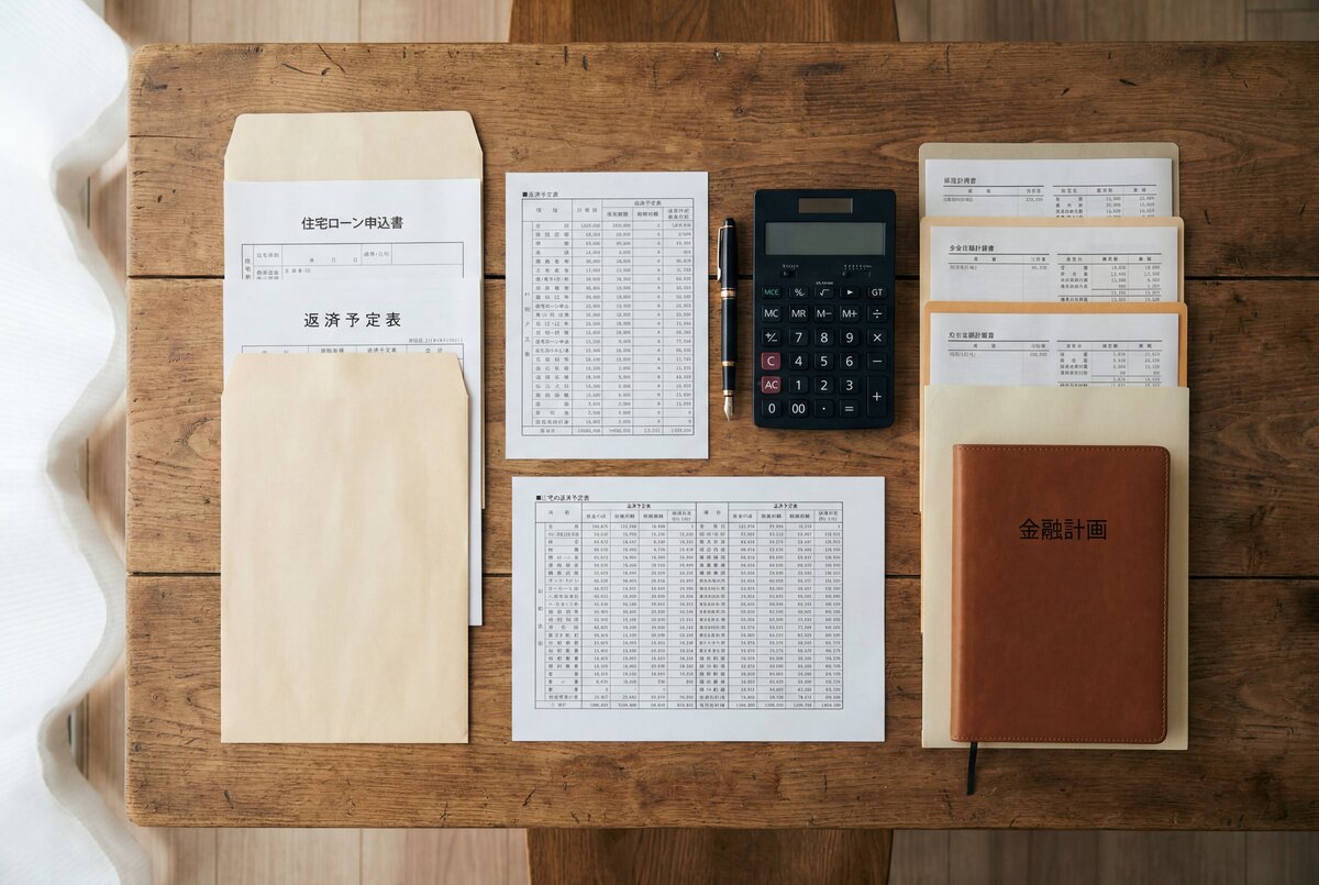 味わいのある無垢材のテーブルに整然と並べられた、住宅ローン申込書や返済予定表、電卓、金融計画ノート。家づくりの資金計画を立てる打ち合わせ風景を連想させます。