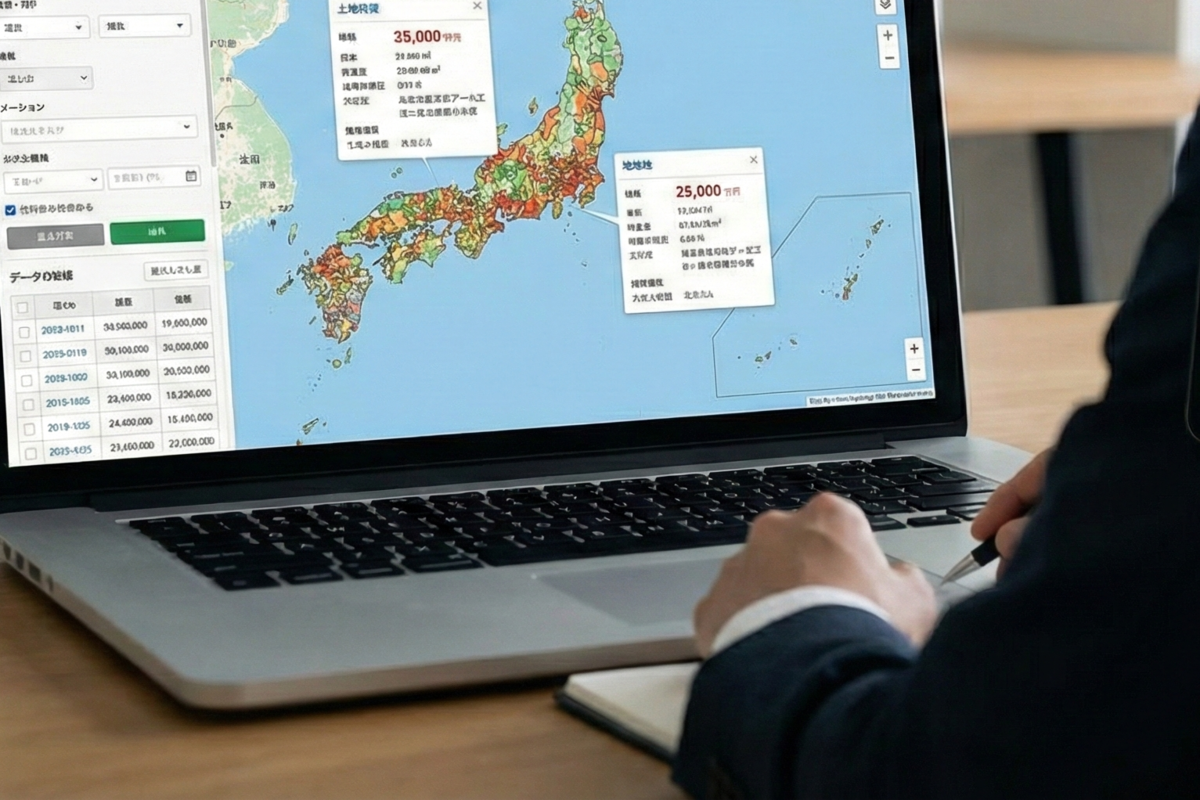 ノートパソコンの画面に日本地図と土地の価格や地盤情報を表示させ、ペンを手にデータ分析や土地探しを行っている様子。