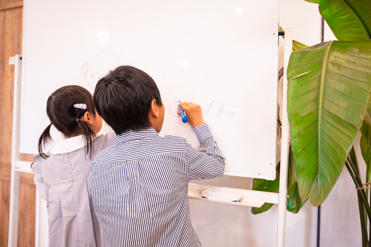 緑豊かな観葉植物が置かれたショールームで、仲良くホワイトボードにイラストを描く子供たちの後ろ姿