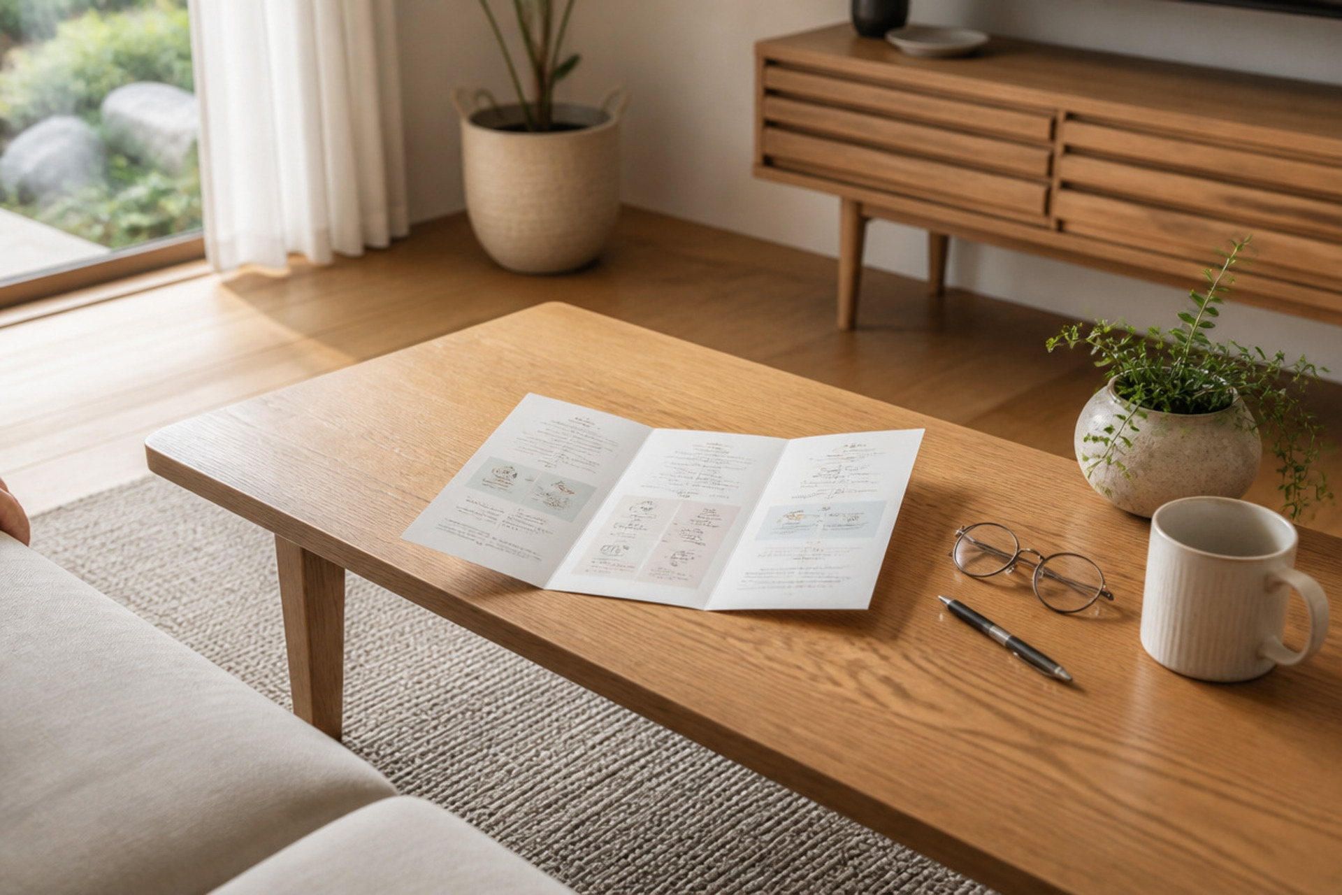 明るいリビングの木製テーブルに住宅プランのパンフレットが広げられ、検討に必要な眼鏡とマグカップが並んでいます。