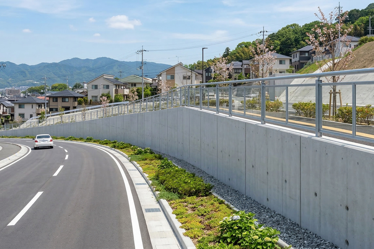カーブする舗装道路沿いに整備された、真新しいコンクリート擁壁とフェンス。擁壁の上には植栽が施され、新しく造成された分譲地や住宅が並んでいます。
