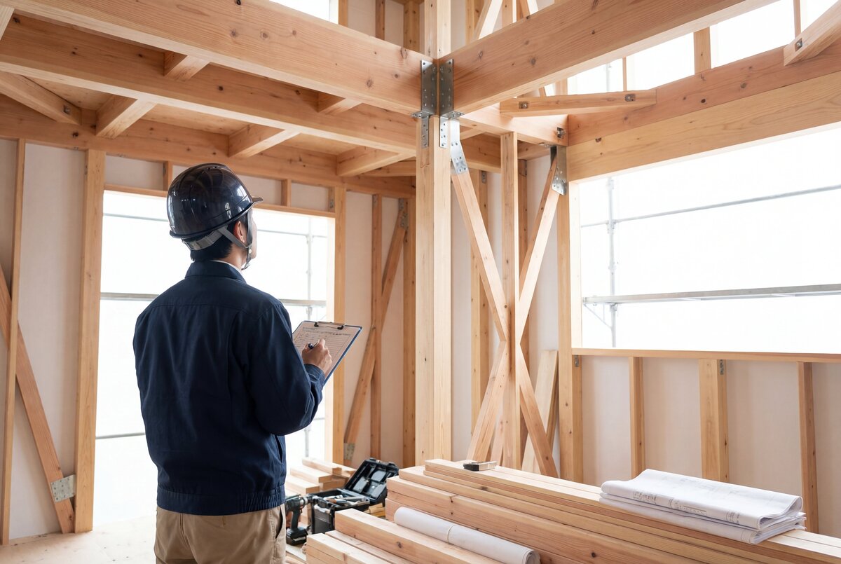 ヘルメットを着用した担当者が、クリップボードを手に木造住宅の構造躯体を検査している様子。柱や梁を強固に接合する構造金物の施工状態を現場でしっかりと確認しています。