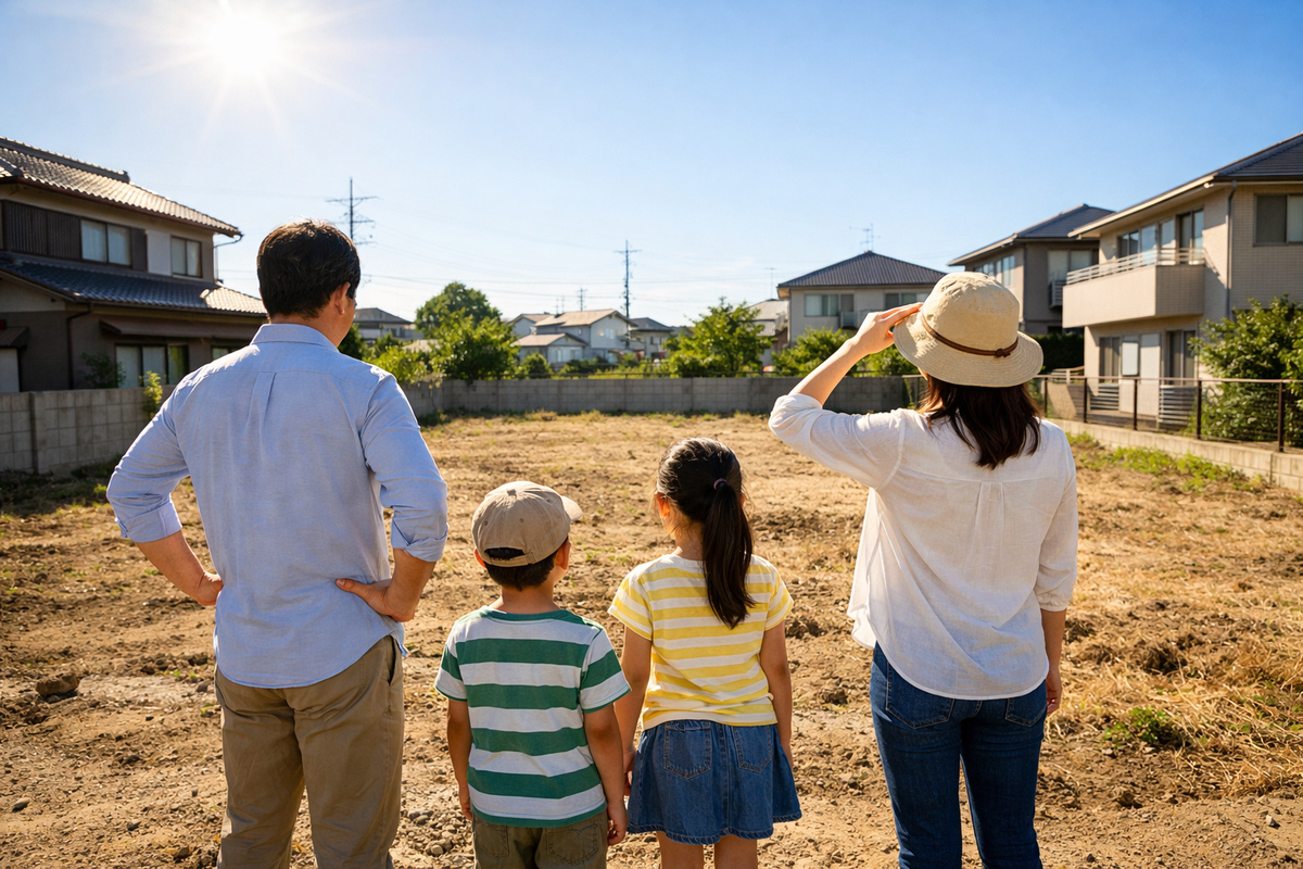 晴天の下、住宅街にある広い更地を前に並んで立ち、これからのマイホームづくりに期待を膨らませる家族4人の後ろ姿。