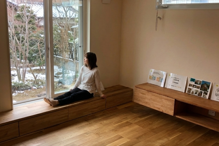 雪景色が広がる大きな窓辺の造作ベンチに座ってくつろぐ女性。無垢材の床や家具に囲まれた、冬でも寒さを感じさせない断熱性能の高い室内空間です。