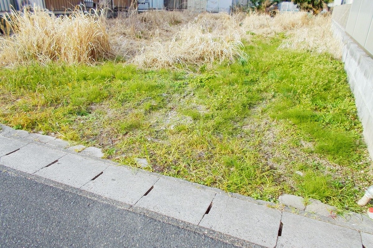コンクリートブロックと側溝で区切られた、背の高い雑草が生い茂る更地。家づくりを検討するための建築前の敷地の様子。