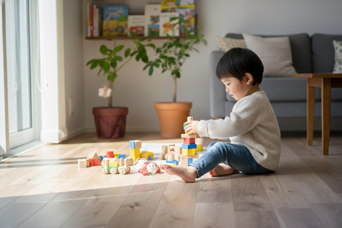 無垢材のフローリングが広がる明るいリビングで、木製のおもちゃを使って楽しそうに遊ぶ子供