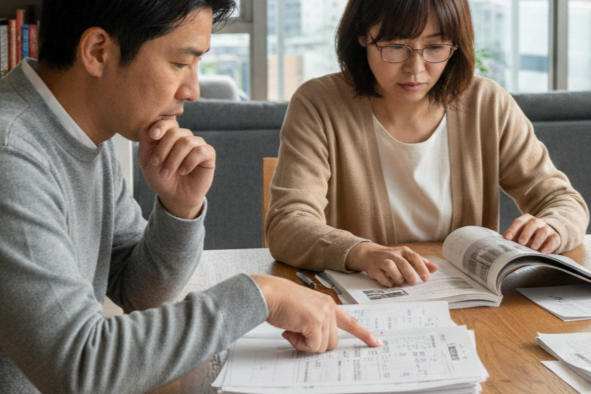ダイニングテーブルで住宅雑誌や間取り図などの書類を見ながら、真剣な表情で家づくりについて話し合っているご夫婦の様子。