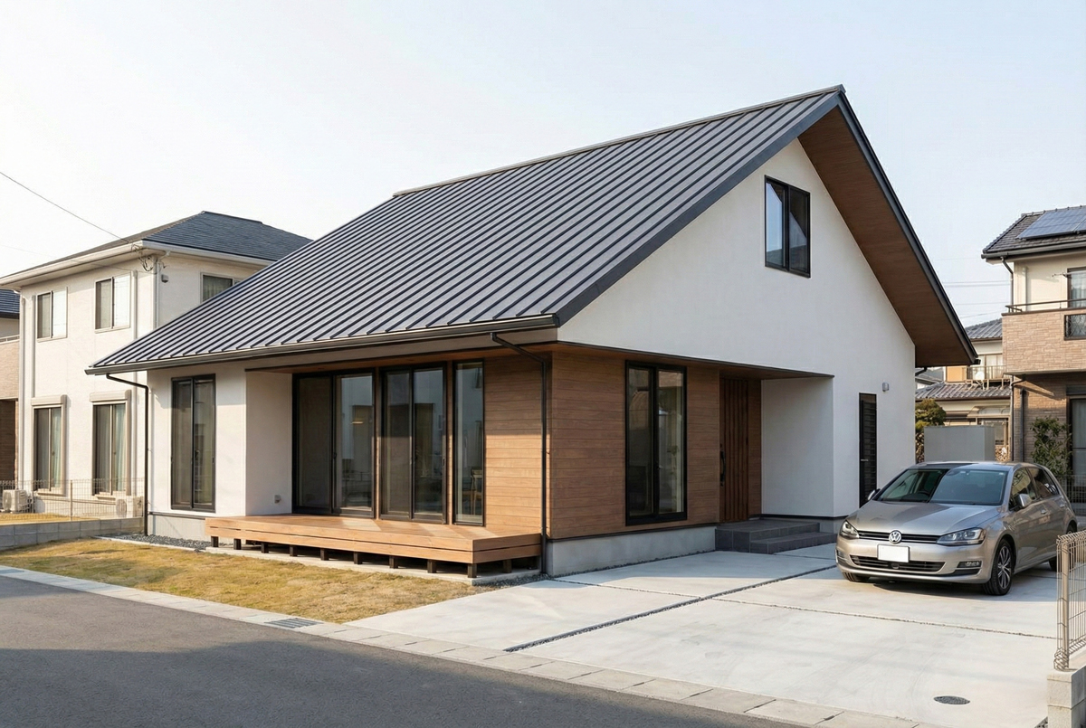金属製の大きな切妻屋根が目を引く住宅外観。白い外壁に木目調のアクセント壁とウッドデッキが温かみを添えています。