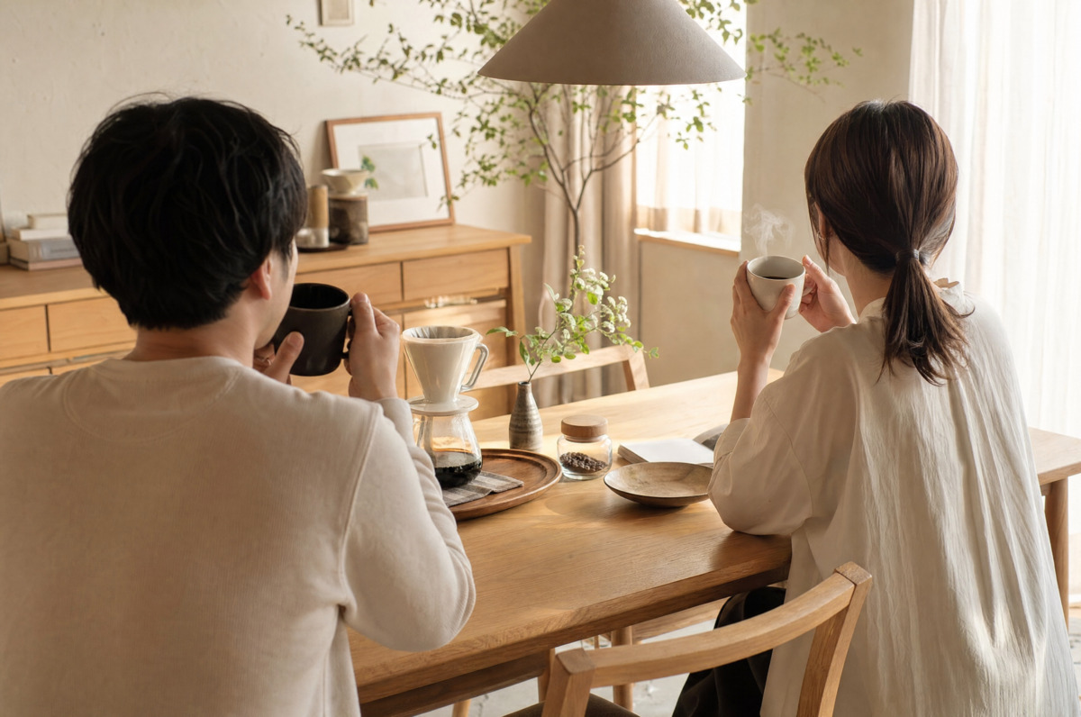 温かみのある木の家具と漆喰調の壁に囲まれたダイニングで、コーヒーを飲みながら寛ぐ夫婦の後ろ姿