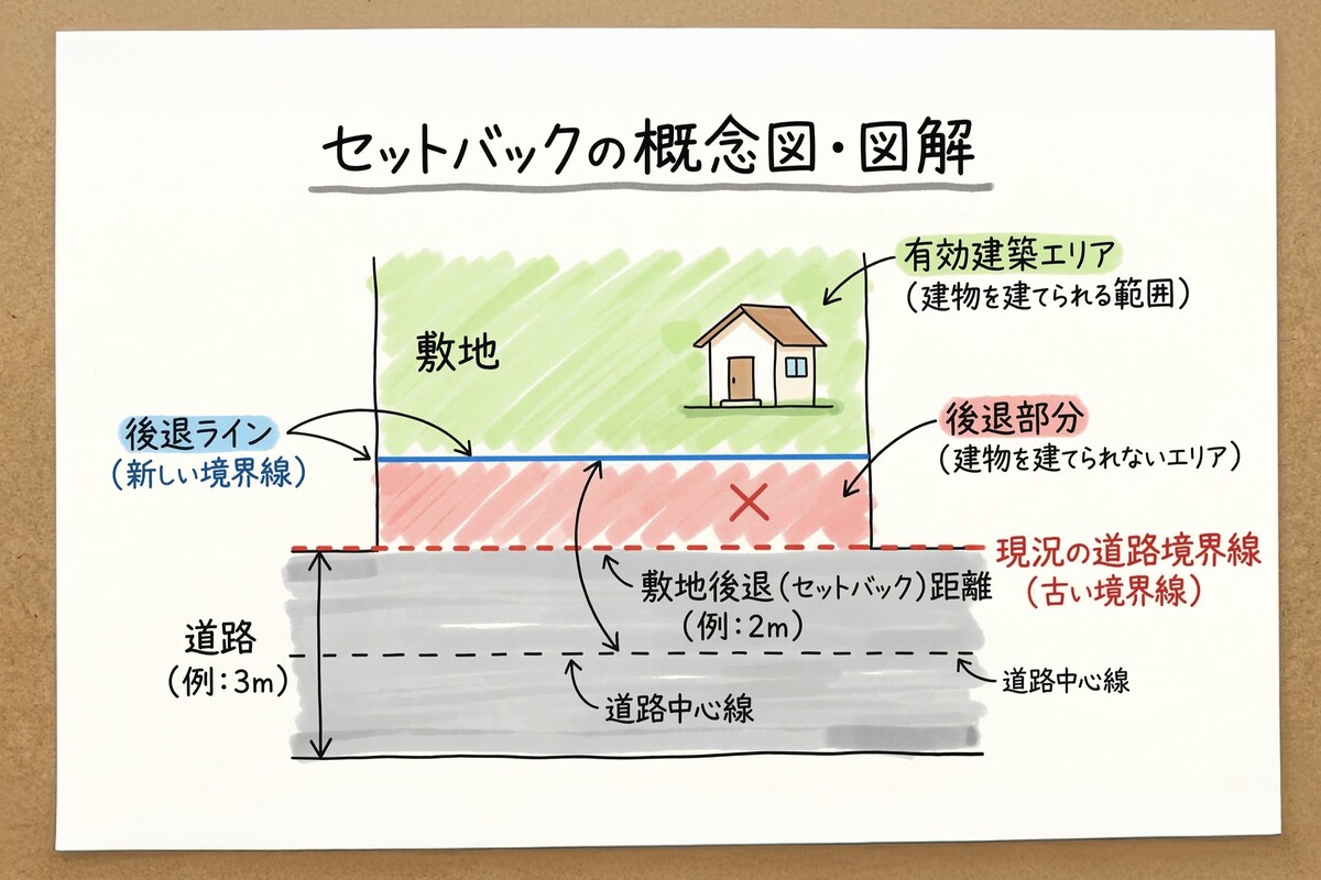 「セットバックの概念図・図解」と題されたイラスト。道路中心線からの敷地後退距離や、建物を建てられる有効建築エリアと建てられない後退部分の違いが分かりやすく色分けして解説されています。