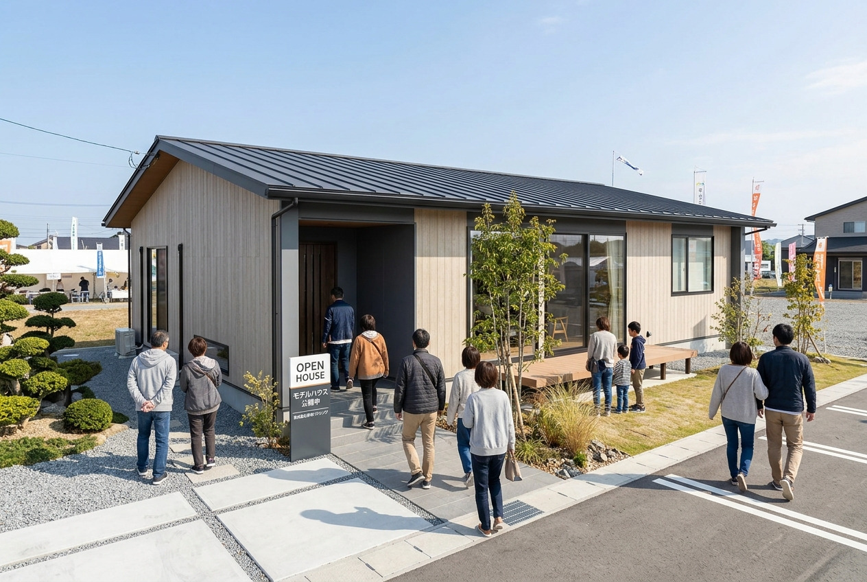 黒いガルバリウム鋼板の屋根と木の縦格子がアクセントになった平屋のモデルハウス、見学会に訪れた家族連れがエントランスへ向かう様子。