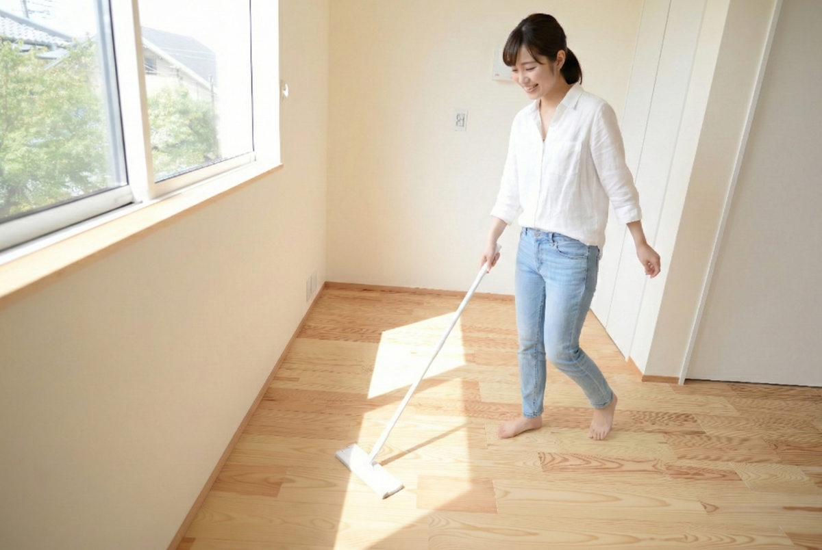 明るい日差しが差し込む部屋で、無垢材のフローリングをワイパーで掃除する笑顔の女性。木の温もりを感じる空間での、快適な日常のお手入れ風景です。