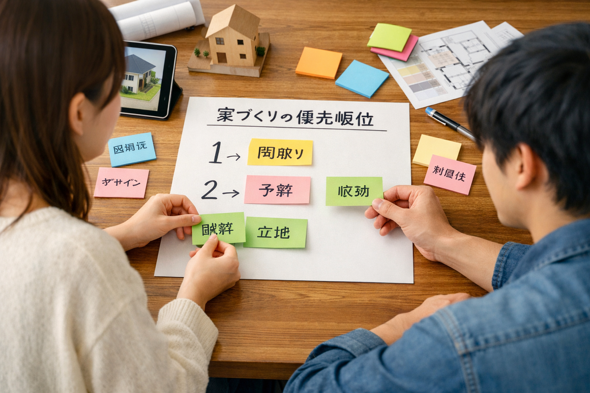 木のテーブルで「家づくりの優先順位」と書かれた用紙に、間取りや予算などの付箋を貼りながら話し合う夫婦
